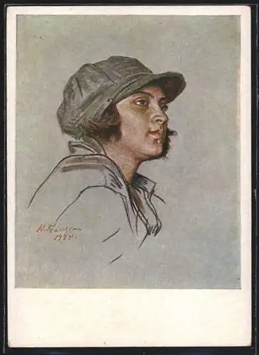 AK Komsomolzin mit Schirmmütze, Portrait