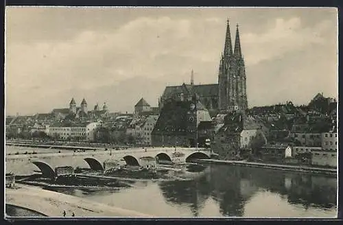 AK Regensburg, Steinerne Brücke mit Flusspartie und Kirche