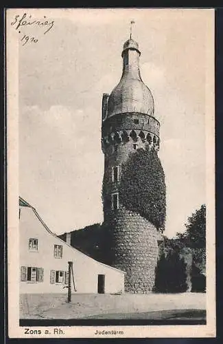 AK Zons a. Rh., Judenturm mit Strassenpartie