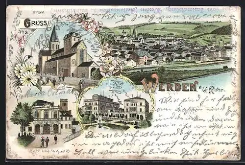 Lithographie Werden a. d. R., Portal d. Kgl. Strafanstalt, Krupp`sches Schloss, kirche, Ortsansicht