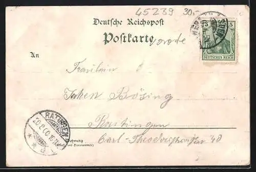 Lithographie Werden a. d. R., Portal d. Kgl. Strafanstalt, Krupp`sches Schloss, kirche, Ortsansicht