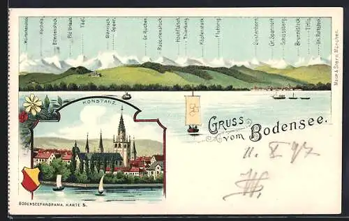Lithographie Konstanz, Teilansicht mit Kirche, Panorama mit Gebirgskette