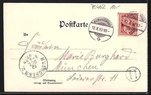 Lithographie Konstanz, Teilansicht mit Kirche, Panorama mit Gebirgskette