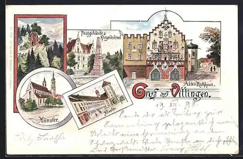 Künstler-AK Villingen / Baden, Kloster, Altes Rathaus, Münster, Postgebäude und Kriegerdenkmal