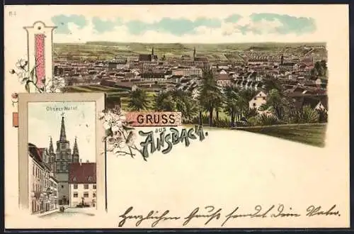 Lithographie Ansbach / Bayern, Ortsansicht und Oberer Markt