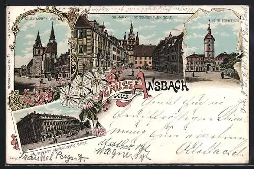 Lithographie Ansbach, Kgl. Schloss und Regierungsgebäude, St. Johanniskirche, Herriederthor, Blumen