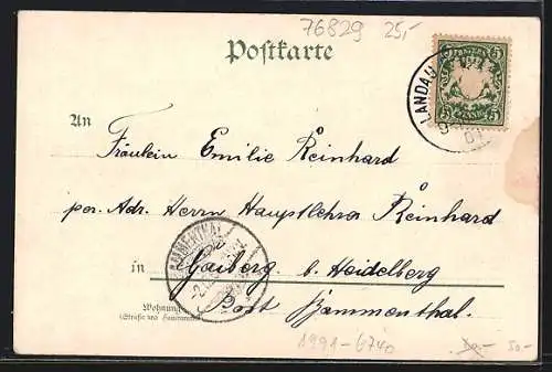 Lithographie Landau / Pfalz, Marktstrasse mit Gasthof Zur billigen Quelle, Südring m. Bank