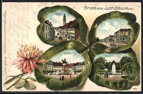 Passepartout-Lithographie Landau / Pfalz, Marktstrasse, Luitpold-Denkmal, Ansichten auf Kleeblatt