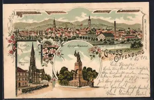 Lithographie Offenburg, Krieger-Denkmal, Kirche, Rheinischer Hof, Totalansicht des Ortes
