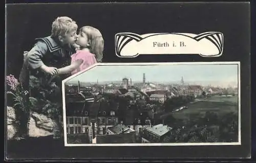 AK Fürth i. B., Blick auf den Ort, Passepartout mit küssenden Kindern