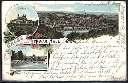 Lithographie Schwäbisch Hall, Comburg, Soolbad, Ortsansicht