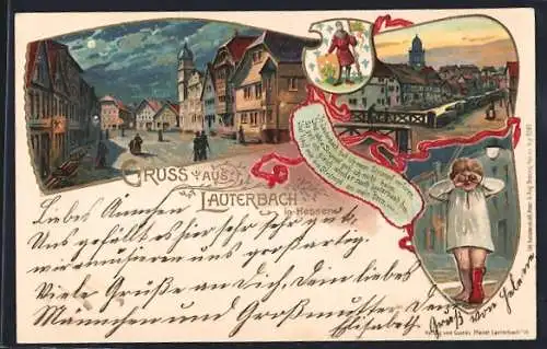 Lithographie Lauterbach / Hessen, Ortspartien, weinendes Kind