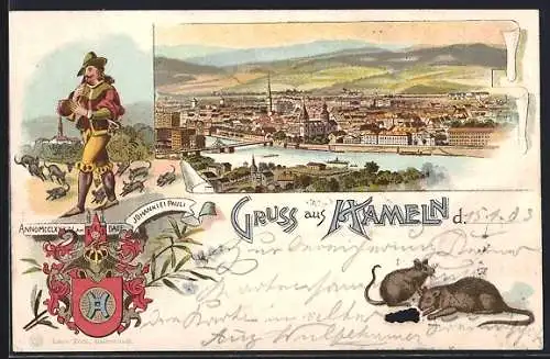 Lithographie Hameln, Ortsansicht mit Wappen, Ratten und Rattenfrass
