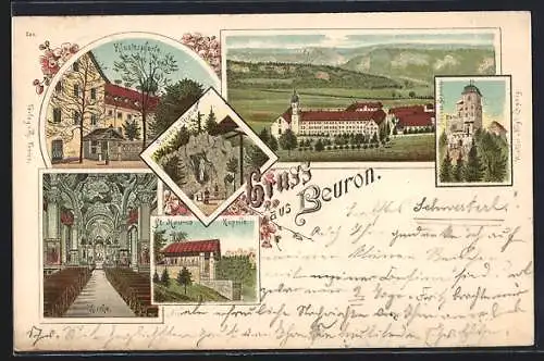 Lithographie Beuron, Ortsansicht, Klosterpforte, Lourdes-Grotte, St. Maurus Kapelle, Inneres der Kirche