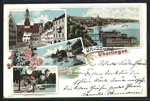 Lithographie Überlingen / Bodensee, Hafen mit St. Johannsturm, Hofstadt-Strassenpartie, Badeanstalt, Partie am Bodensee