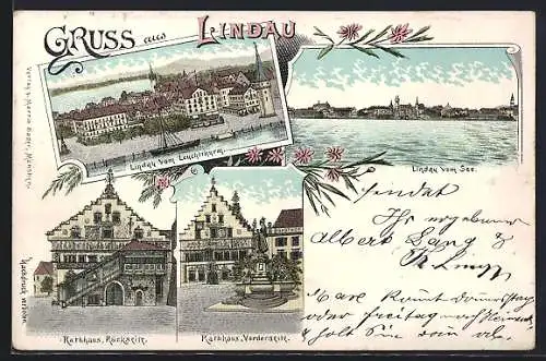 Lithographie Lindau / Bodensee, Rathaus Vorder & Rückseite, Ortsansicht vom Leuchtturm aus
