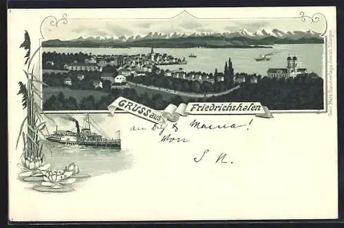 Lithographie Friedrichshafen, Gesamtansicht, Bodenseedampfer