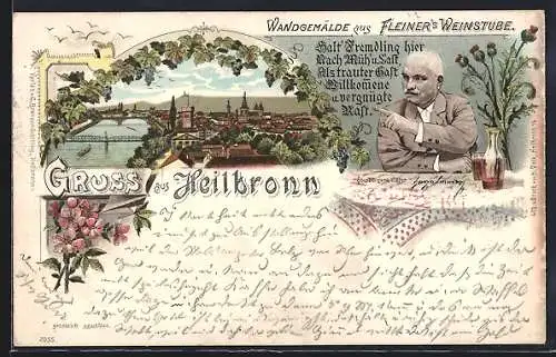 Lithographie Heilbronn, Blick auf die Stadt, Restaurant Fleiner`s Weinstube, Oberbürgermeister