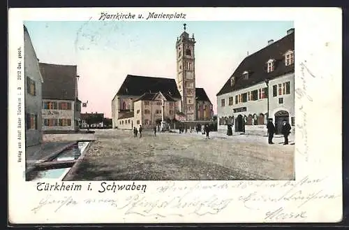 Goldfenster-AK Türkheim i. Schwaben, Pfarrkirche und Marienplatz mit leuchtenden Fenstern