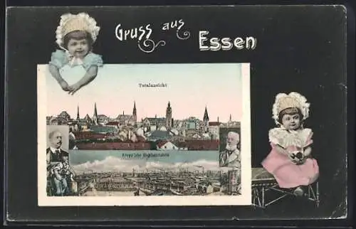 AK Essen, Ortsansicht mit Krupp`scher Gussstahlfabrik Passepartout mit zwei Kindern