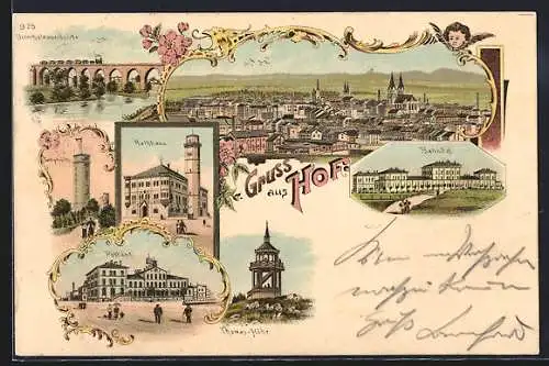 Lithographie Hof, Rathaus, Postamt, Bahnhof, Labyrinth