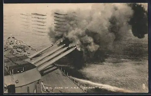 AK Kriegsschiff, H. M. S. Nelson, 16 in. Guns firing, Kanonen schiessen