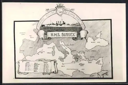AK HMS Sussex, Karte des Mittelmeeres