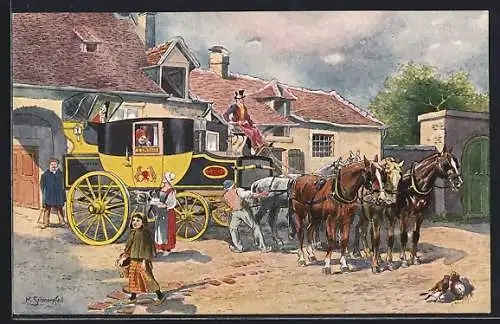 Künstler-AK sign. K. Schnorpfeil: Französ. Eilpost im Jahre 1840, Postkutsche