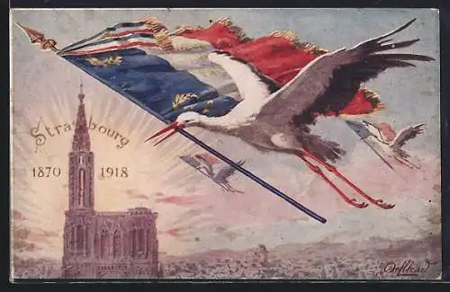 AK Strassbourg, Störche fliegen mit französischer Flagge über das Münster