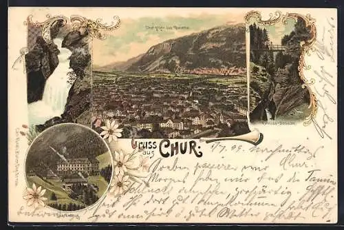 Lithographie Chur, Sauerquell Passug, Rabiusa-Schlucht, Gesamtansicht
