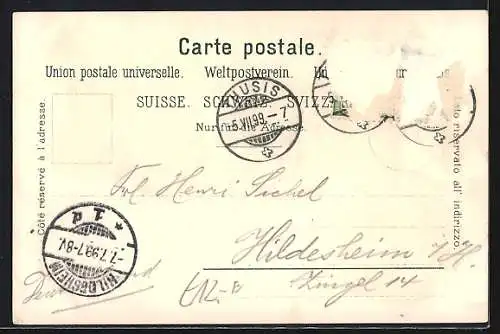 Lithographie Chur, Sauerquell Passug, Rabiusa-Schlucht, Gesamtansicht