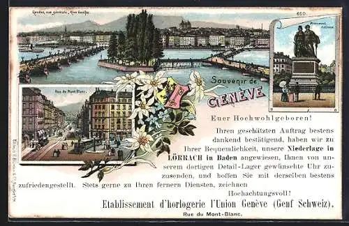 Lithographie Geneve, Vue generale, Rive Gauche, Rue du Mont Blanc, Monument national