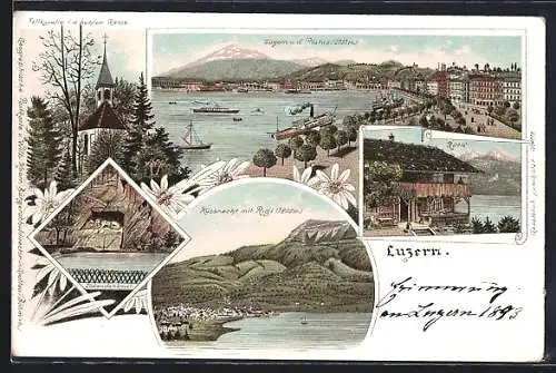 Lithographie Luzern, Ortsansicht mit Pilatus, Tellkapelle i. d. hohlen Gasse, Löwendenkmal, Küssnacht mit Rigi