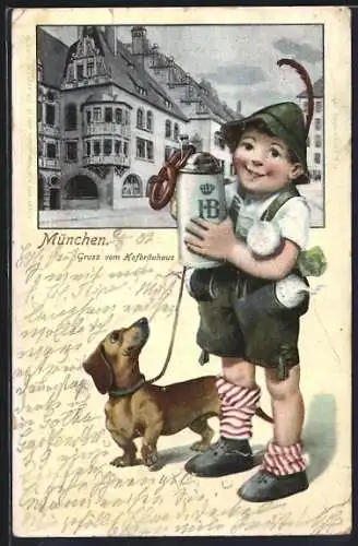 AK Münchner Hofbräuhaus, Junge mit Dackel und HB-Bierkrug