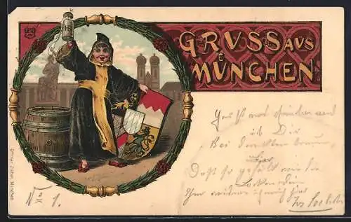 Lithographie Münchner Kindl mit Bierkrug und Wappen