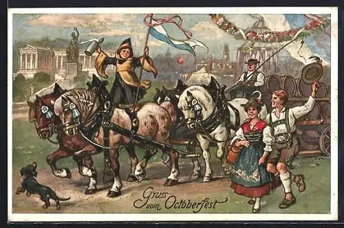 AK Dackel beim Pferdewagen mit Bier, Oktoberfest mit Münchner Kindl