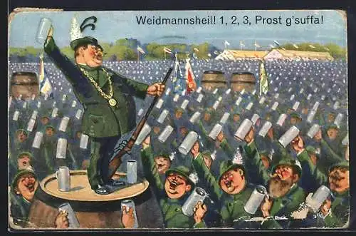 AK Weidmannsheil! 1, 2, 3, Prost g`suffa!, unzählige Jäger halten Bierkrüge zuprostend in die Luft