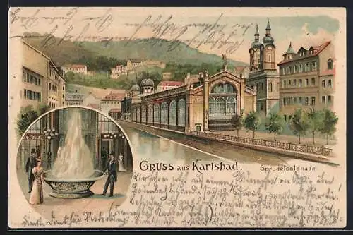 Lithographie Karlsbad, Blick zur Sprudelcolonade