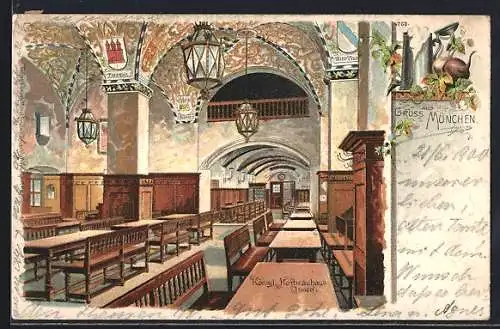 Lithographie München, Hofbräuhaus, Innenansicht