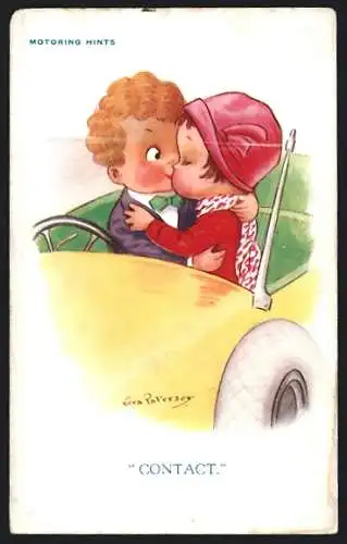 Künstler-AK Vera Paterson: Knabe und Mädchen küssen sich im Auto