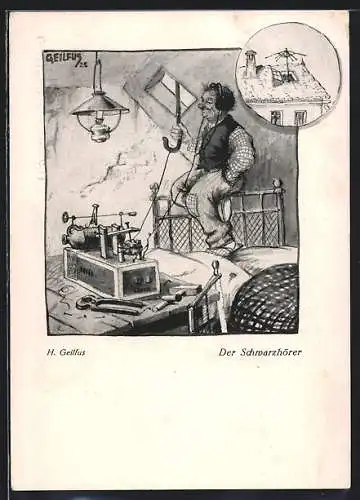 Künstler-AK Heinz Geilfus: Mann hält Regenschirm-Antenne durch sein Dachfenster, der Schwarzhörer