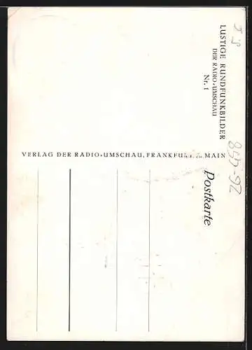 Künstler-AK Heinz Geilfus: Mann hält Regenschirm-Antenne durch sein Dachfenster, der Schwarzhörer