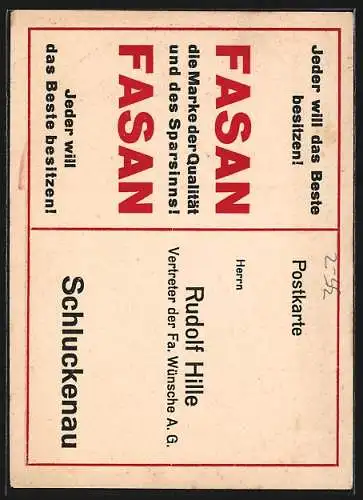 AK Schluckenau, Reklame für Fasan-Seifen der Fa. Wünsche AG