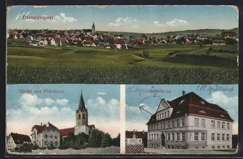 AK Dunningen, Kirche mit Pfarrhaus, Schulhaus, Totale