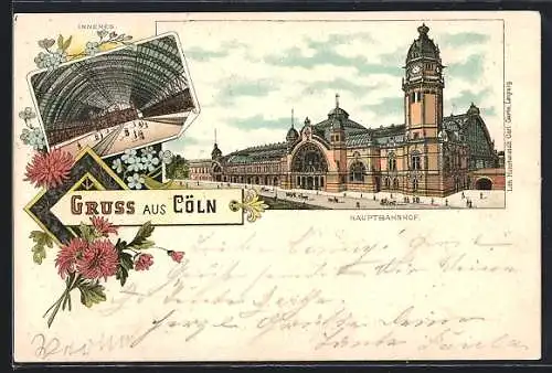 Lithographie Cöln, Innen- und Aussenansicht des Hauptbahnhofs