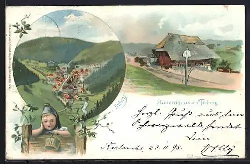 Lithographie Triberg, Ortsansicht und Bauernhaus, Mädchen in Tracht