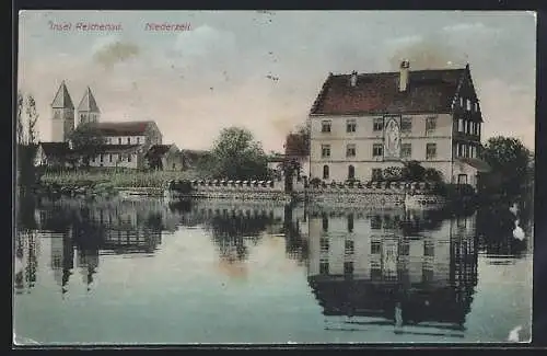 AK Niederzell / Insel Reichenau, Blick zur Kirche im Hintergrund