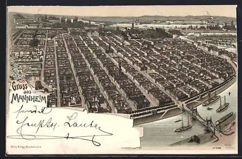 Lithographie Mannheim, Panorama aus der Vogelschau