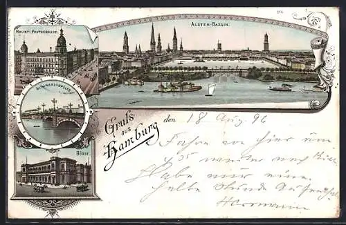 Lithographie Hamburg, Börse, Haupt-Postgebäude, Alster-Bassin