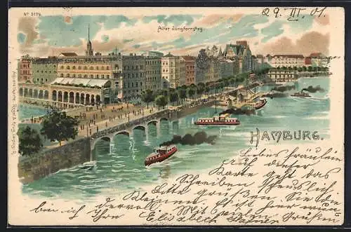 Lithographie Hamburg-Neustadt, der Alte Jungfernstieg, Dampfschiffe